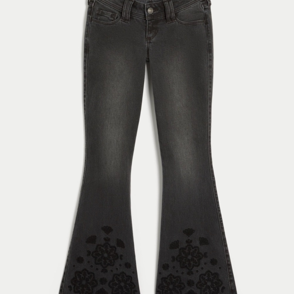Hollister Ultra Low-Rise Floral Embroidery Washed Black Flare Jeans